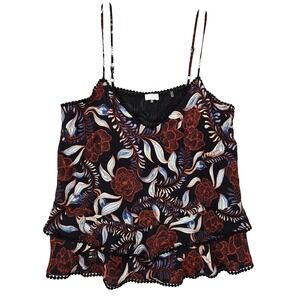 Ecru LARGE Silk Blend Floral Tiered Cami Womens Boho Fairycore Pom Pom Trim Top